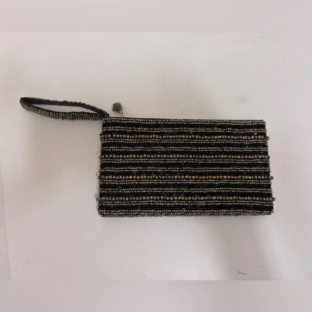 Black silver Beaded mini clutch‎ small purse wristlet striped evening retro